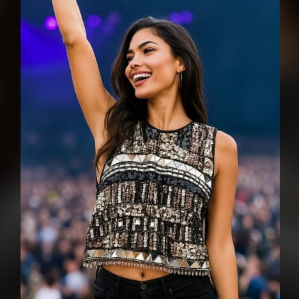 New NASTY GAL Mirror Sequin Embellished Crop Top Black Silver 4 MSRP $330